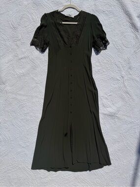 Zara Elegant Black Lace-Trim Button-Front Dress